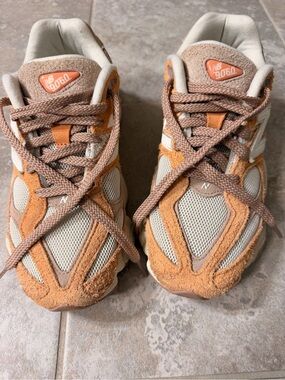 New Balance 9060 Tan and Orange Suede Mesh Athletic Sneakers